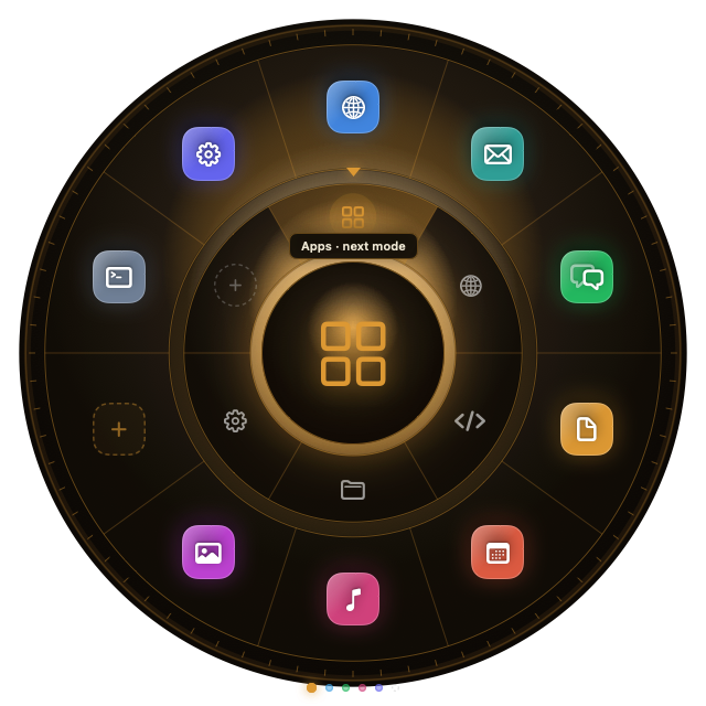 Halo's radial launcher preview: a central hub surrounded by a ring of modes and an outer ring of app and action icons.